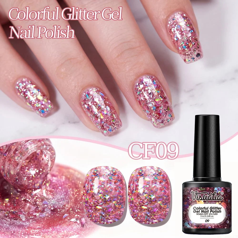Visuatia Iridescent Glitter Nail Gel, translucent pink base with colorful foil shimmering texture, soft and sweet tones, creating lively and delicate nail art suitable for everyday young girl outfits