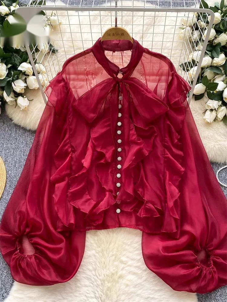 

Женская нежная блузка из сетки с пышными рукавами, тонкая, прозрачная, повседневная, однотонная, шикарная, осенняя, во французском винтажном стиле, свободная, с милыми оборками