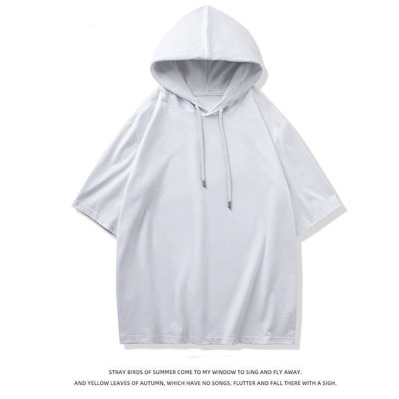 Summer Men Drawstring Hooded Short Sleeve Sweatshirts Thin Teenager Fashion Simple All-match 2xl Oversized Clothing Black White