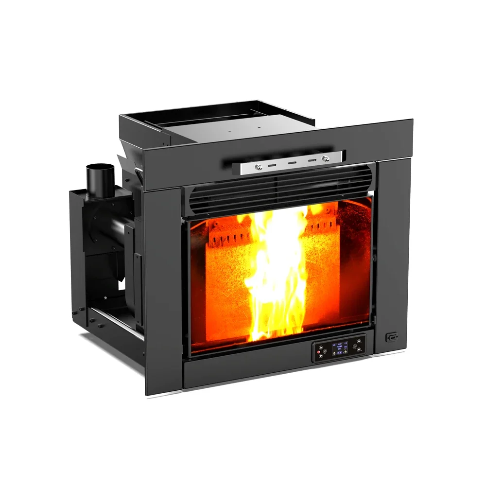 New Trend QM1002A CE Approved Steel Black Fashion Wood Pellet Stove  Insert Large Glass Viewing Indoor Pellet Fireplace