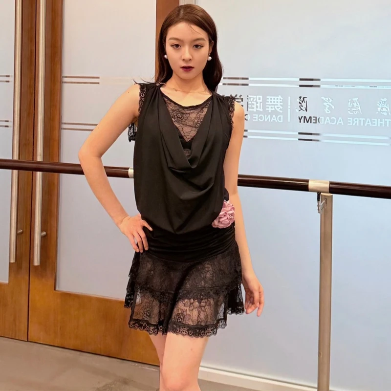 Summer Sleeveless Latin Dance Dress Adults Chacha Samba Latin Dance Clothing Women Sexy Lace Latin Dance Costumes SL12841