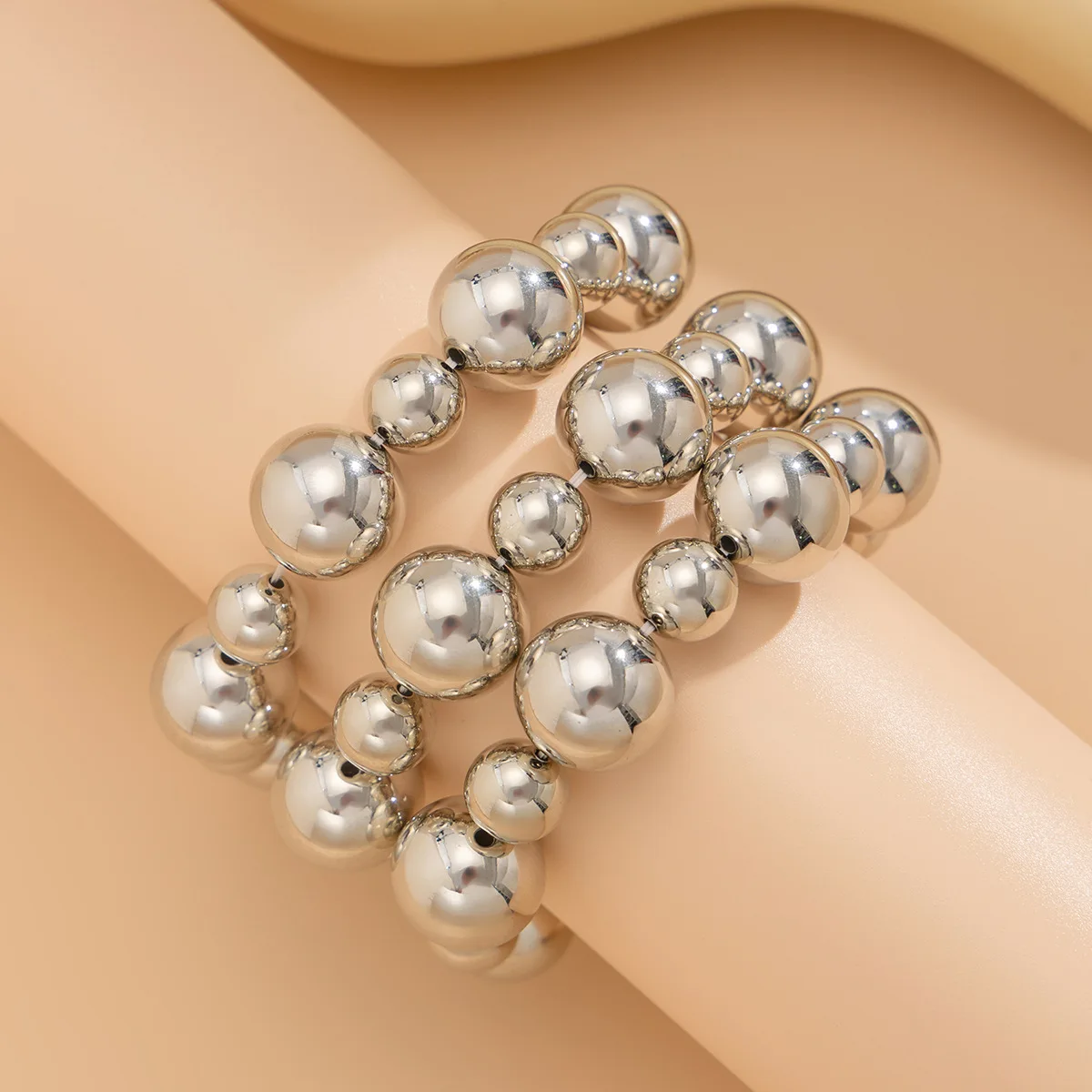 KMVEXO 3PCS Punk Stretch Beads Bracelets Gold Sliver Color Stacked Ball Beaded Bracelet For Women Men Imitation Pearl Jewelry