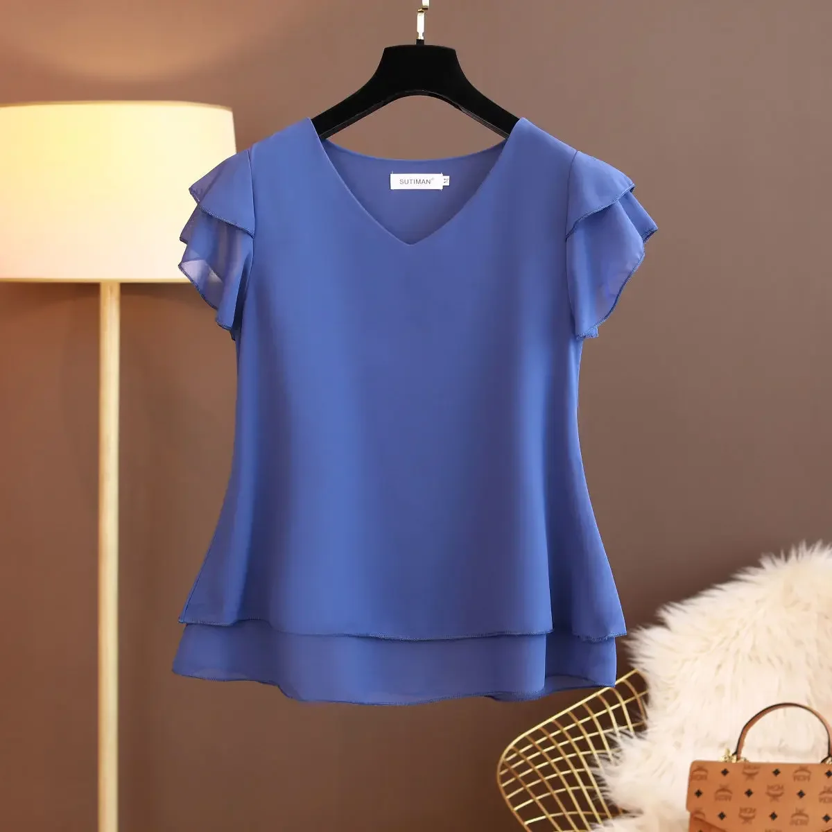 2024 Summer New Women Blouse V-Neck Chiffon Shirt Loose Female Short Sleeve Blouse Oversized Shirts Womens Tops Blusas Mujer De