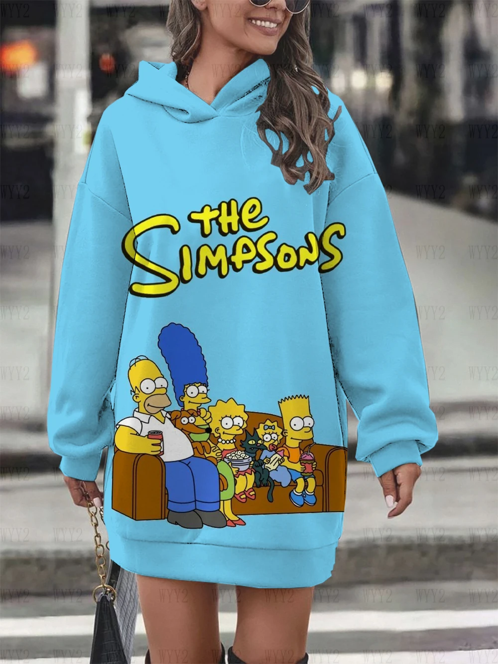 Disney Women's Sweatshirt Dress Printed Pullover Hooded Sweatshirt The Simpsons Pattern Fashion Party Outfit Dress Sweatshirt