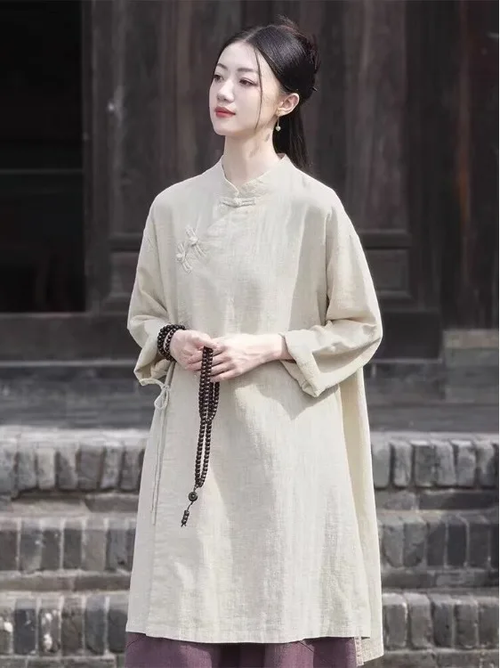 Women's Retro Cotton Linen Blouse Midi Length Zen Style New Chinese Style Tagless Fashionable Ethnic Tunic Top for Women