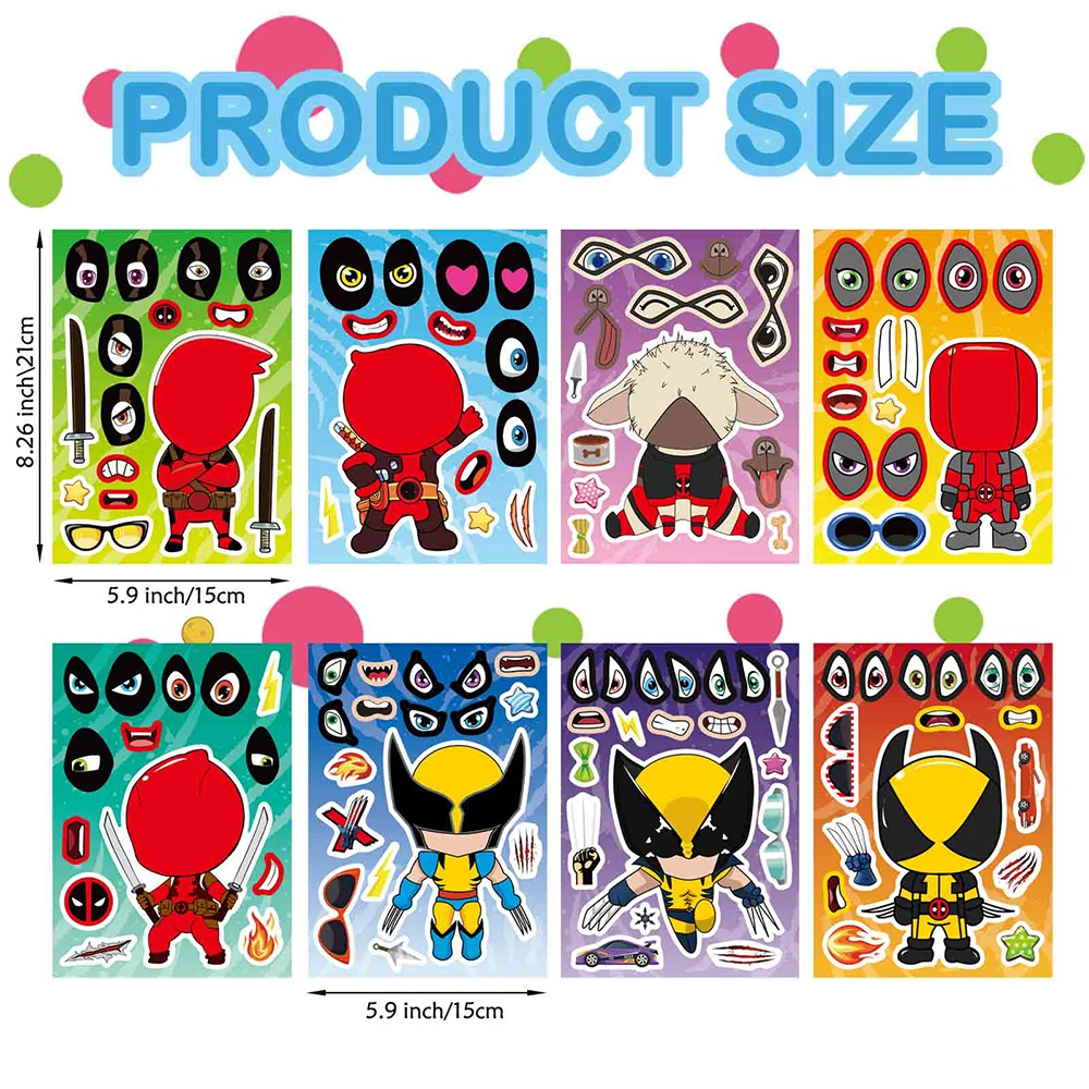 Marvel-DIY Puzzle Stickers para crianças, Deadpool, Wolverine, Make a Face, Cartoon Assemble, Decalques, Jogos, Brinquedos, Presentes, 8 folhas, 16 folhas