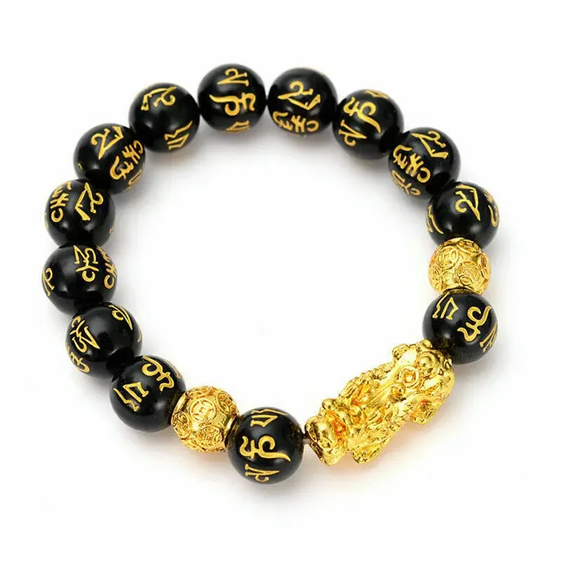 

Feng Shui Obsidian Stone Beads Bracelet Men Women Unisex Wristband Gold Black Pixiu Wealth and Good Luck Women Bracelet