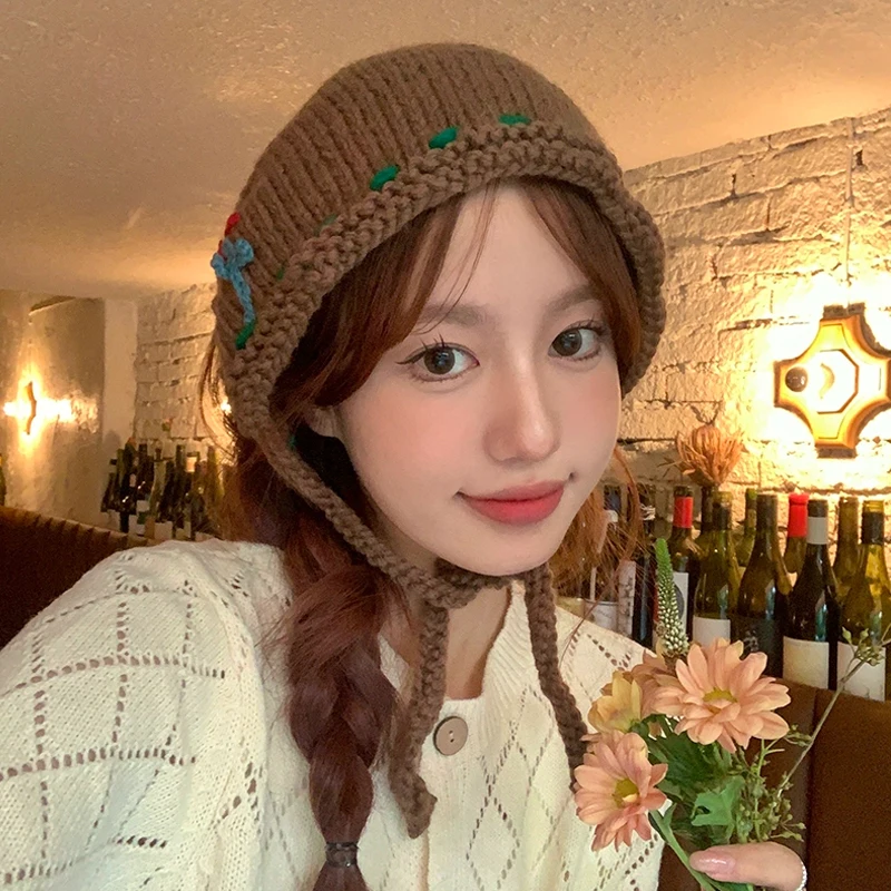 Ins Fashion Handmade Crochet Turban Flower Thick Autumn Winter Triangle Headband Towel Sweet Strap Hair Bag Headscarf Hat