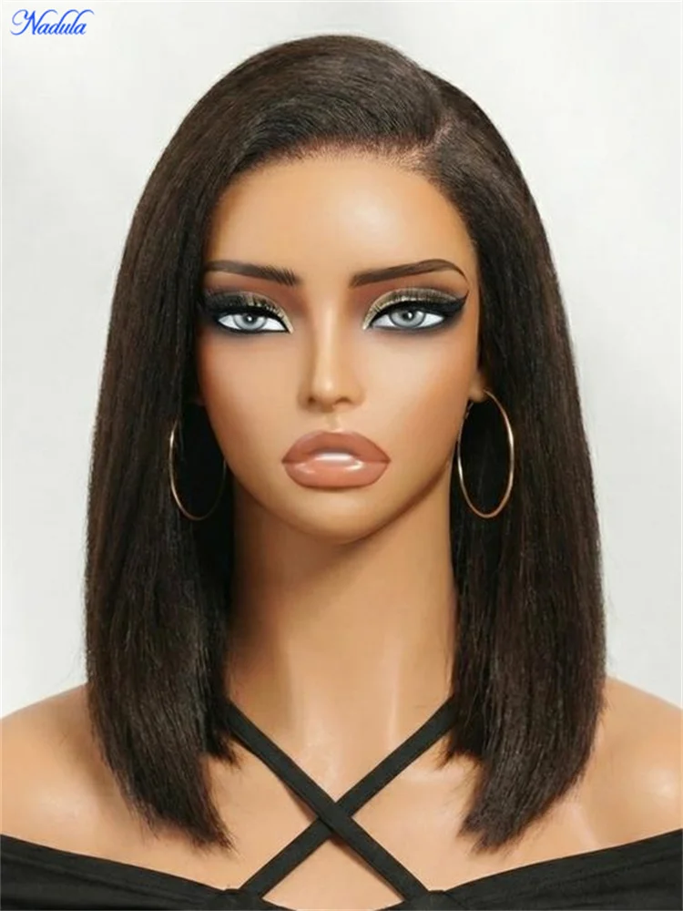 Nadula 7x5 Dark Chocolate Brown Yaki Straight BOB Human Hair Wig Pre Cut HD Transparent Lace Pre Bleached Knots Pre Plucked Put On And Go Drawstring Glueless Wig No Tangle No Shedding 100% Human Hair Can Be Restyled And Dyed for All Women