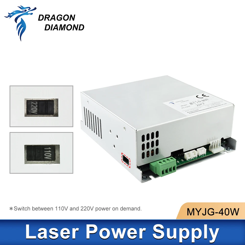 Fonte de alimentação do laser para a máquina de corte da gravura do tubo, série K40, 40W, CO2, MYJG-40, 110V, 220V