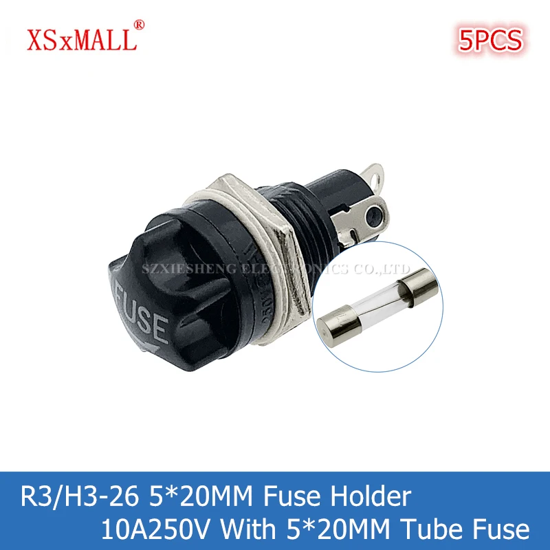 5PCS R3/H3-26 5*20MM Fuse Holder 10A250V Panel Mounting High Temperature Resistance Bakelite Fuse Base With 5*20MM Tube Fuse