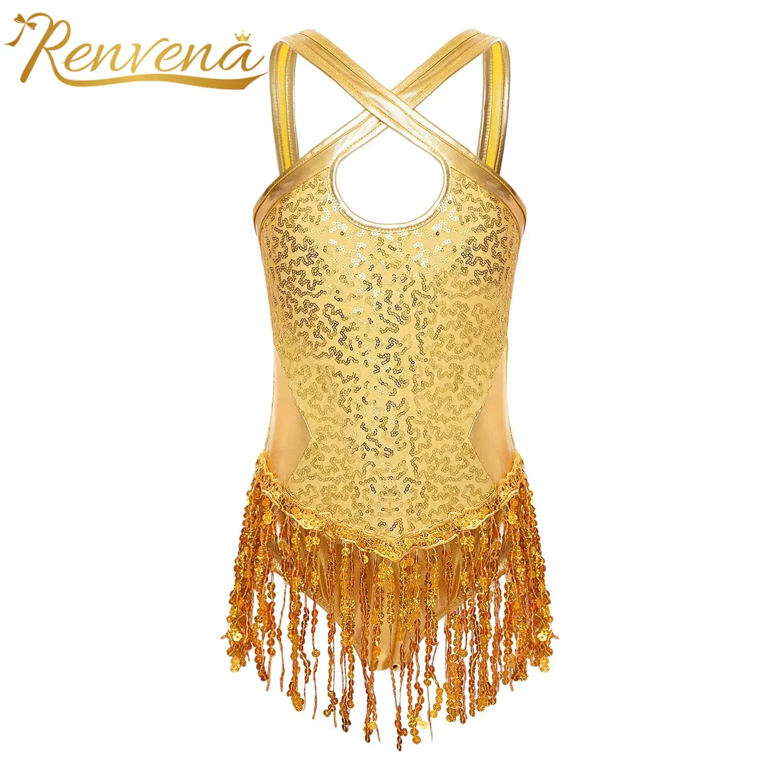 

Kids Girls Latin Dance Tassel Leotard Dress Metallic Shiny Sequins Fringed Bodysuit for Chacha Tango Rumba Ballroom Dancing