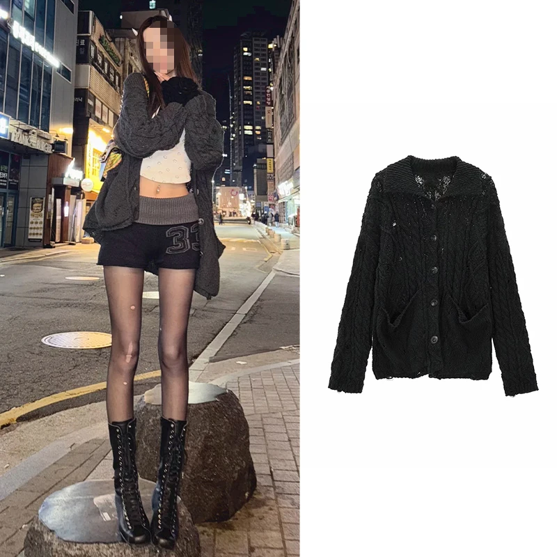 

Вязаный кардиган Lu, осенне-зимняя новинка, двойной слой, крупная пряжа, откидной воротник, свободный крой, женский кардиган...