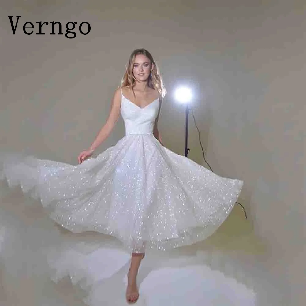 

Verngo A Line Shiny Wedding Dress Women Spaghetti Straps Sweetheart Bride Dress Elegant Shiny Bridal Gowns