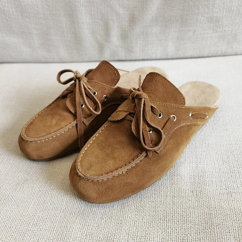

2026 New Genuine Leather Fashion Women's Mules Covered Toe Lace Up Summer Boat Shoes Slippers Vacation Flat Heel Mules Lady