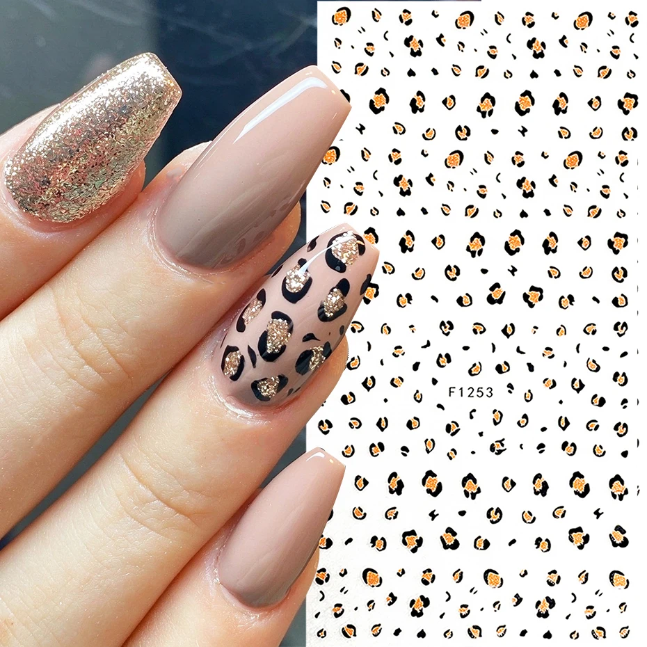 2pcs Golden Glitter Leopard Print Nail Art Stickers Holographic Shiny Golden Leopard Spots Pattern Luxury Nail Art Decals Decor