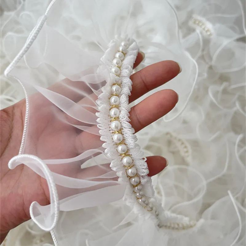 7CM Wide Tulle White Ruffle Organza Beaded Fringe Ribbon Lace Fabric Edge Trim Wedding Dress Apparel Curtains DIY Sewing Decor