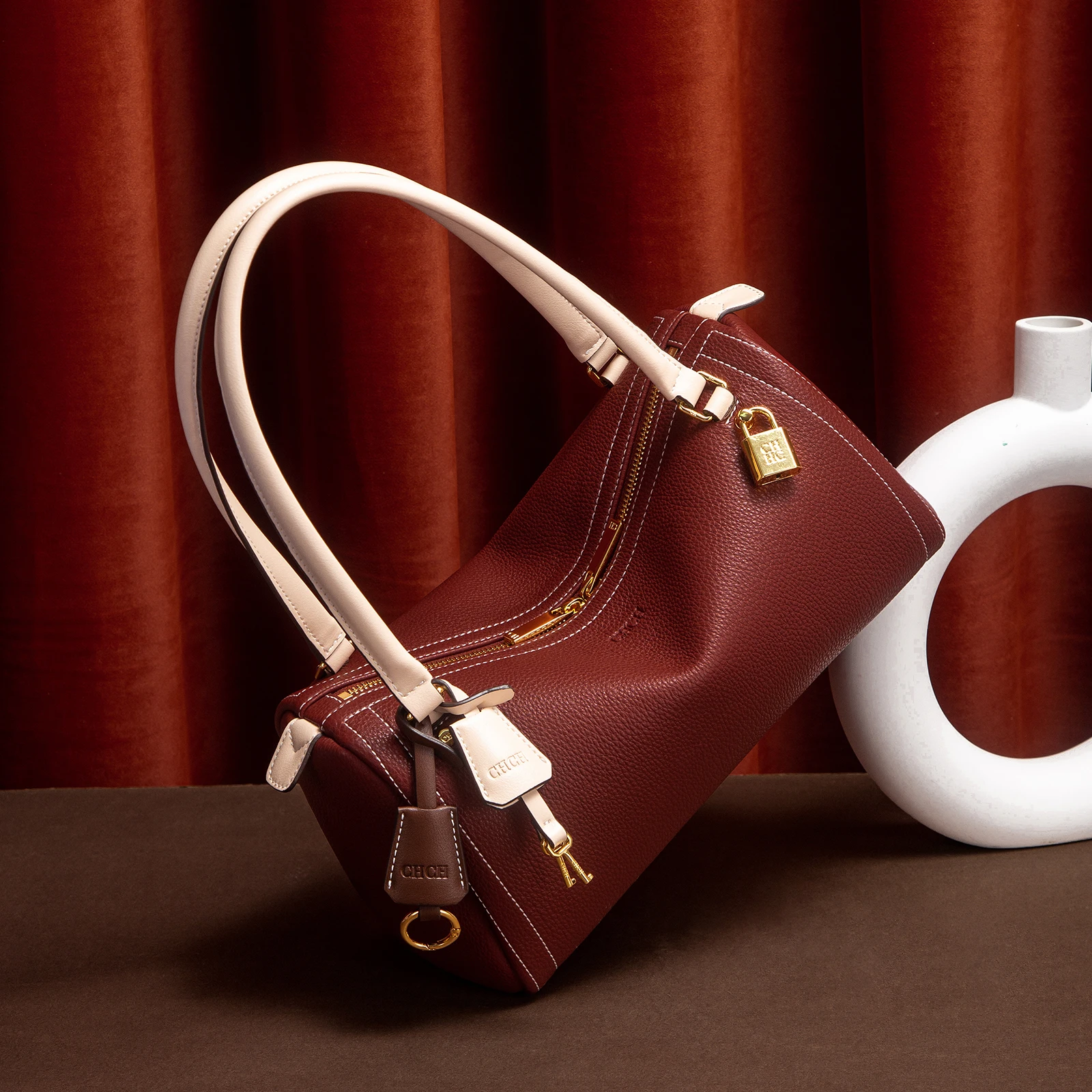 حقيبة بوسطن النسائية لخريف جديد بسيط حقيبة كتف بنية عالية الجودة #6