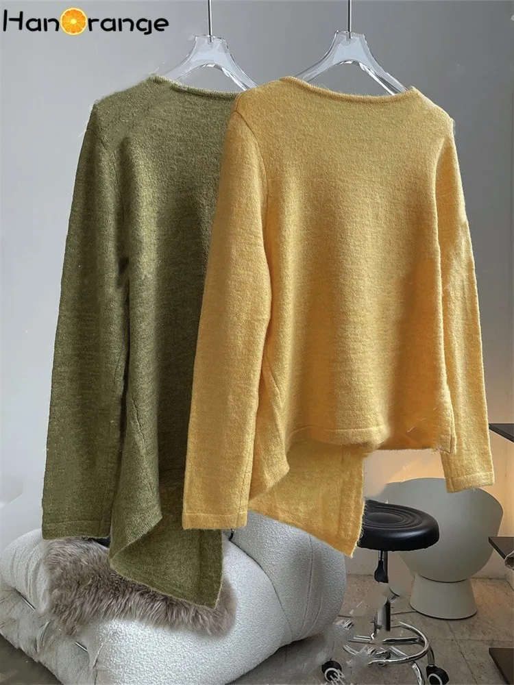 HanOrange 2024 Autumn Winter Slanted Pleated Knitted Cardigan Women Lazy Mohair Top Yellow/Withered Wood Green