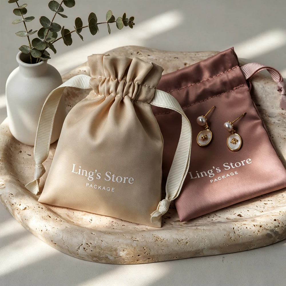 50Pcs Custom Logo Silk Jewelry Gift Bag Satin Drawstring Earring Ring Keychain Packaging Organizer Pouch Wedding Favor Candy Bag view 5