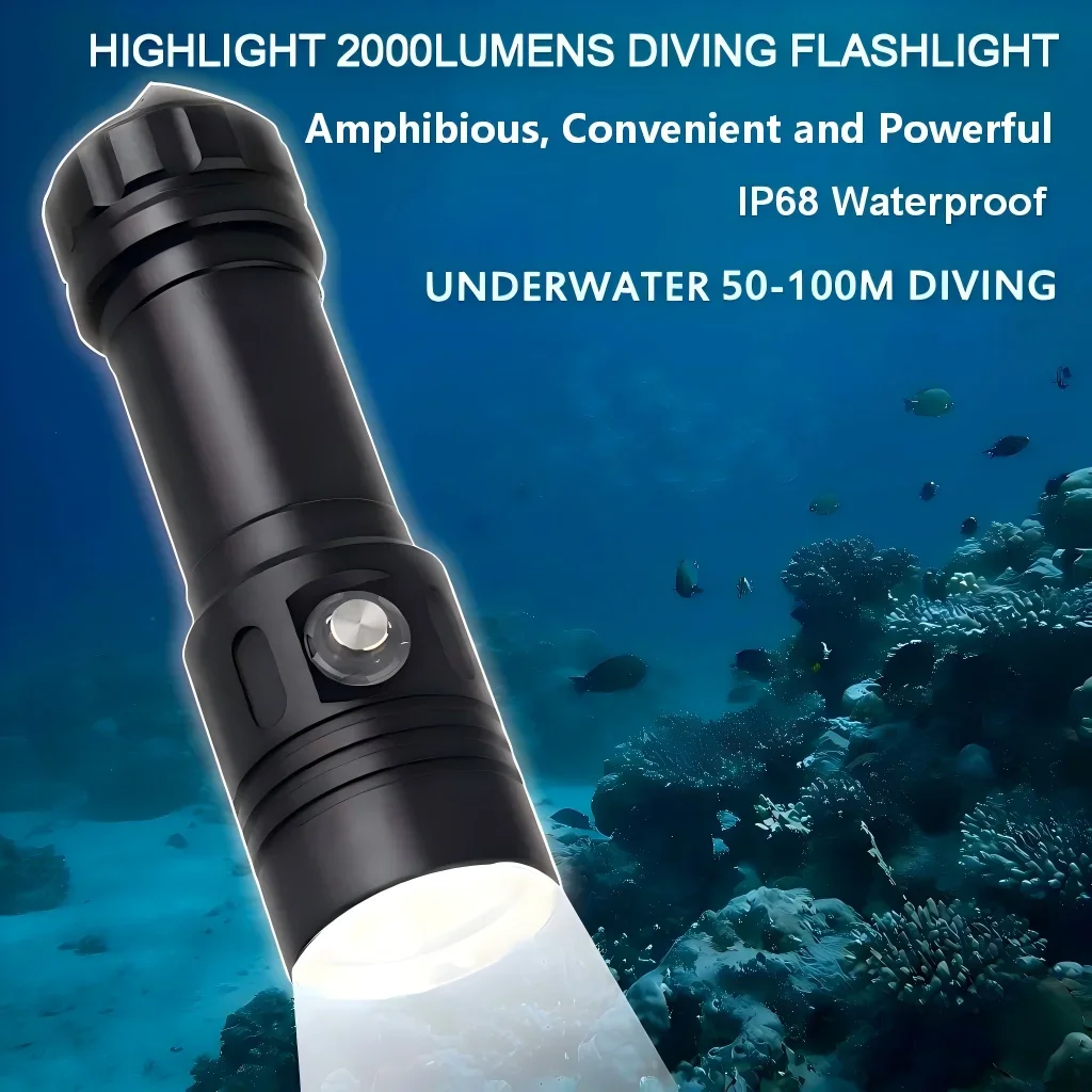 LED Diving Flashlight 2000LM IP68 Dive Light 26650 Torch Equipments Underwater 100M Depth Lamps Snorkel Professional Accessories