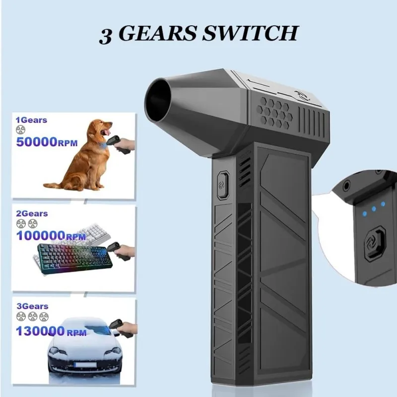 Mini turbo jato recarregável, espanador de ar elétrico, velocidade do vento ajustável, turbo violento, com luz, ferramentas de limpeza de carro