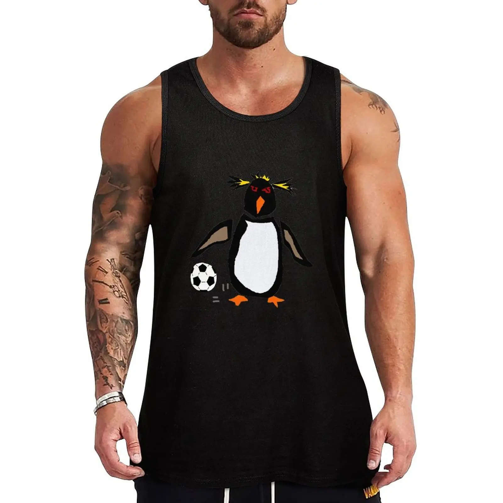 Camiseta sin mangas divertida con estampado de pingüino Rockhopper jugando al fútbol, camiseta informal de playa, corte holgado, sin mangas, para verano
