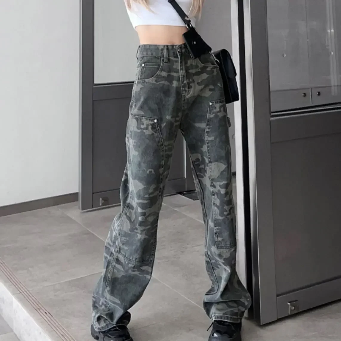 

Women Camouflage Jeans Loose High Waist Vintage Cargo Wide Leg Pants Denims Full Length Streetwear Female Denim Trousers