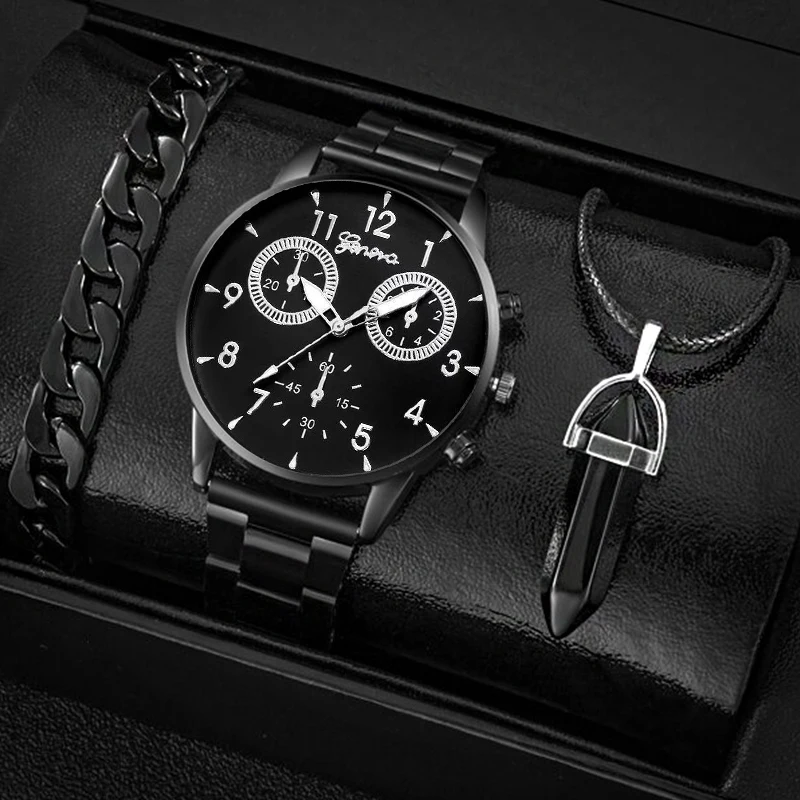 3PC Set Fashion Mens Business Watches Men Casual Black Bracelet Pendant Necklace Stainless Steel Quartz Watch Relogio Masculino