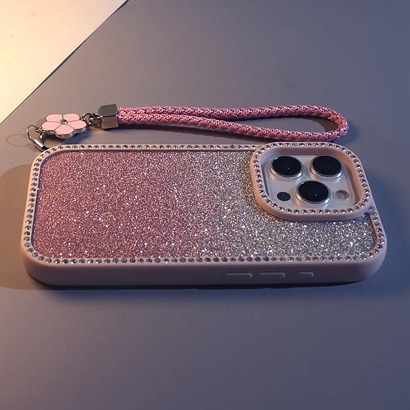 Double-sided Rhinestone Gradient Glitter Phone Case with Lanyard for iPhone 11 12 13 14 15 16 17 Pro Max Anti-fall Back Cover view 3