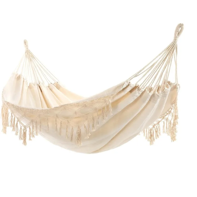 Beige Canvas Hammock With Macrame Fringe Tassel Wooden Spreader Bar Boho Double Hammock For Garden Balcony