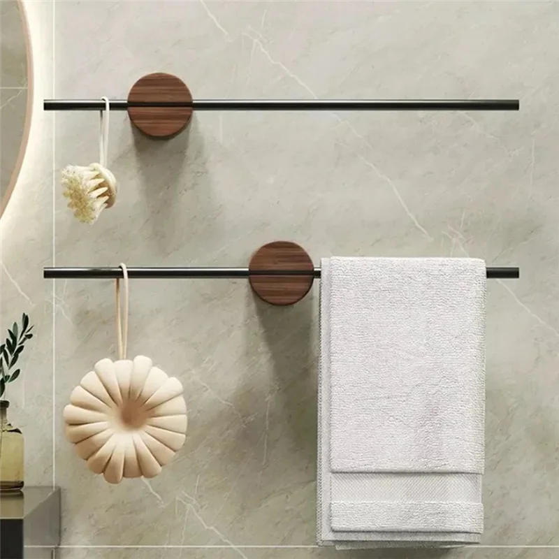 ABLU-Minimalist Walnut Towel Rack Bathroom Towel Holder Sliding Single Pole No Hole Bathroom Solid Wood Bracket