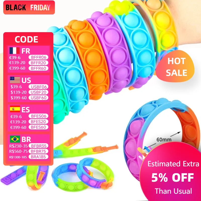 6PCS Bracelet Push Bubble Simple Dimple Wristband Decompression Anti Stress Reliever Fidget Toy For Kids Gift Popite Fidget Toys