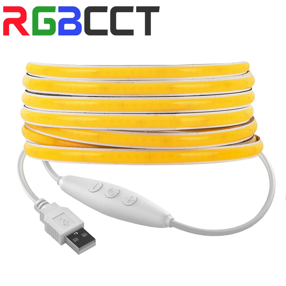 

FCOB DC5V 320 LEDs USB LED Light Strip 8mm PCB High Density FOB COB Led Lights RA90 Flexible from 3000K to 6000K Linear Dimmable