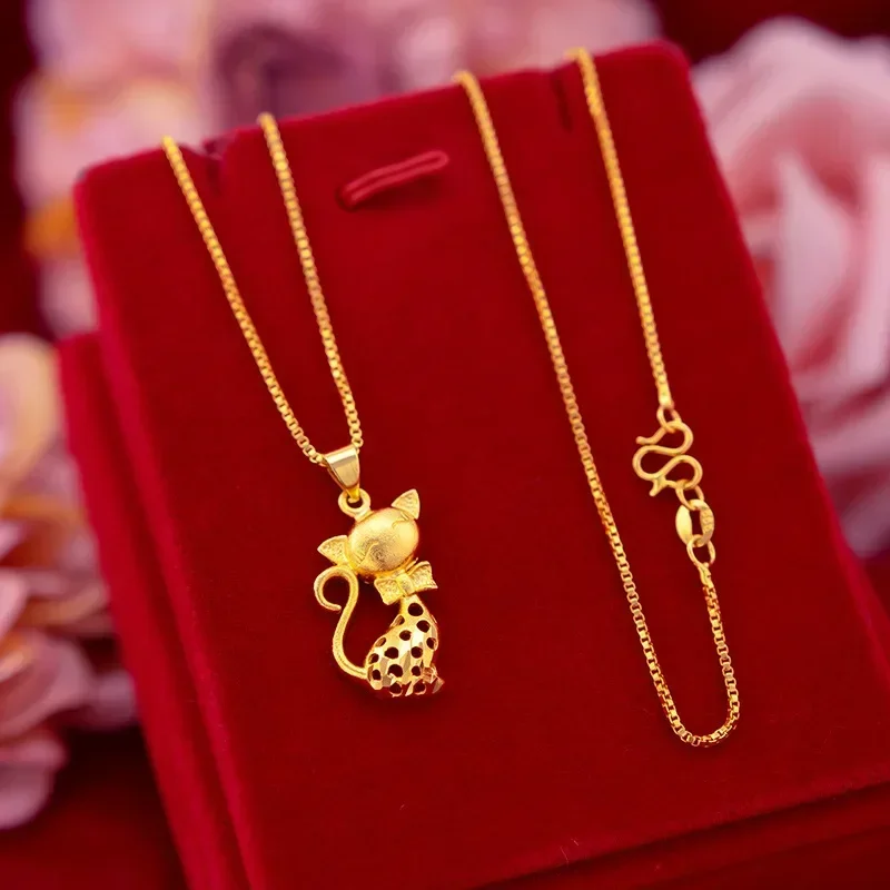 

9999 Real Gold Golden Ancient Law Kitten Pendant Women's Animal Cat Pendant Necklace Jewelry