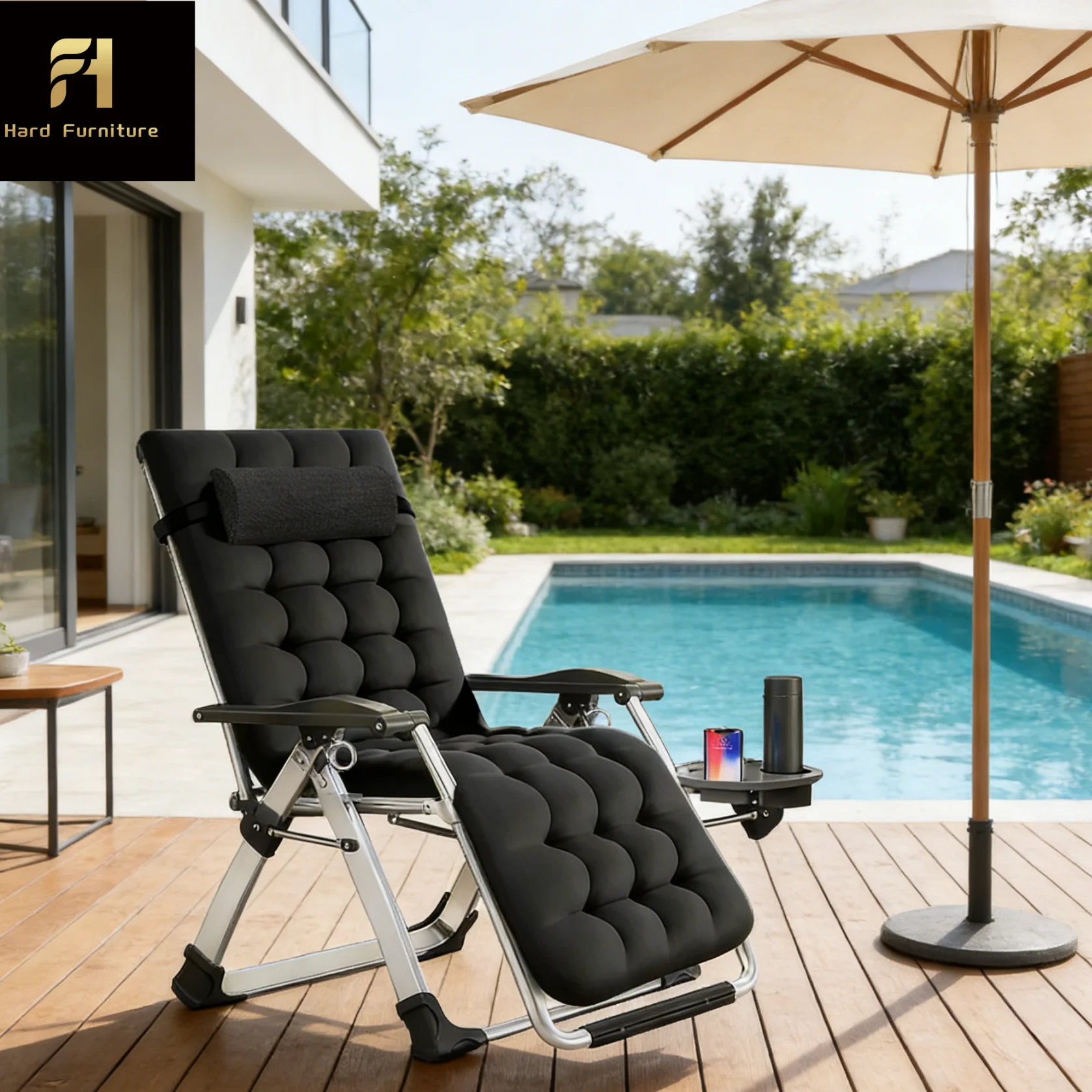 

Modern Design Portable Office & Villa Chair Metal Folding Relax Sleeping Lounge With Soft Cushioned Head Pillows Camping Chair