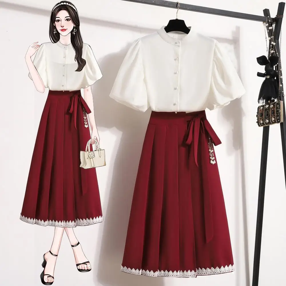 Summer Casual Two-piece Set For Women Chiffon Blouse Tops And Pleated Horse-face Skirt Female Large Size Chinese Matching Suits