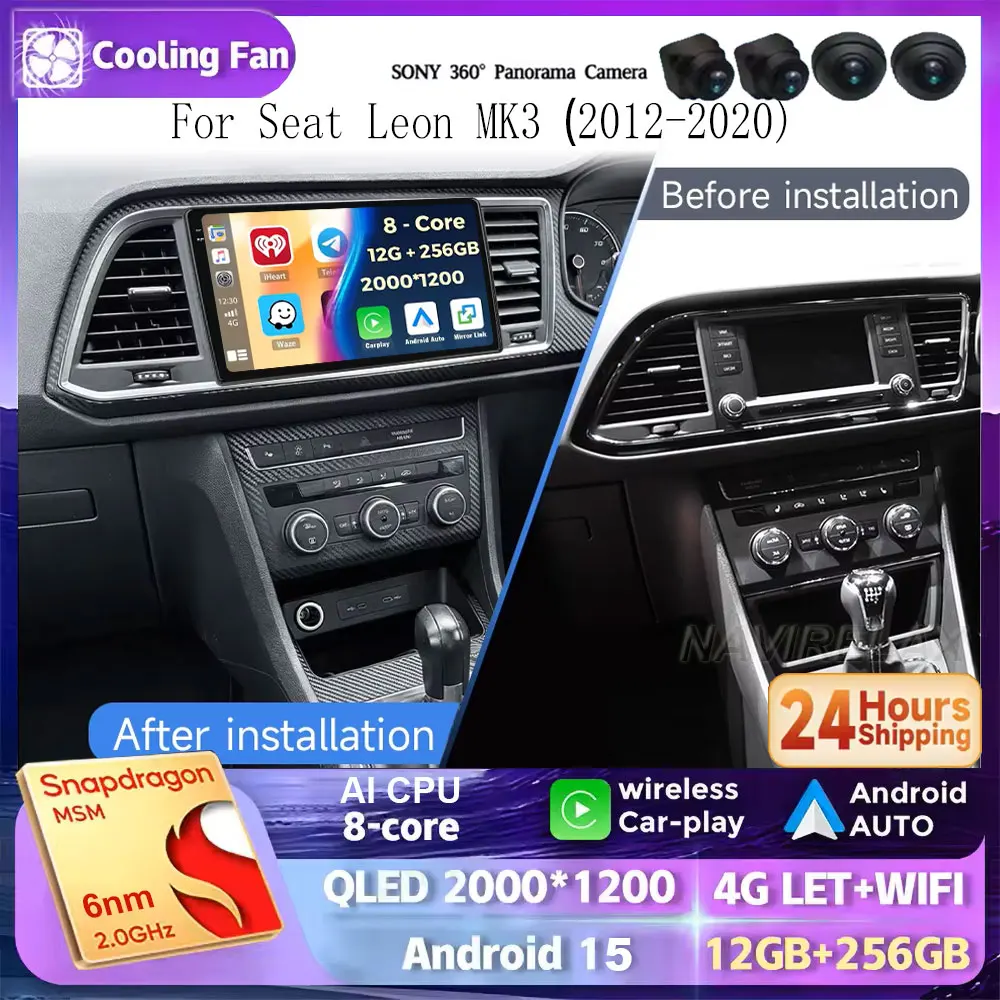 Rádio Automotivo Android 15 RHD para Seat Leon MK3 2012-2013 2014 2020 Multimídia CarPlay Navegação GPS Reprodutor de Vídeo Estéreo Automotivo