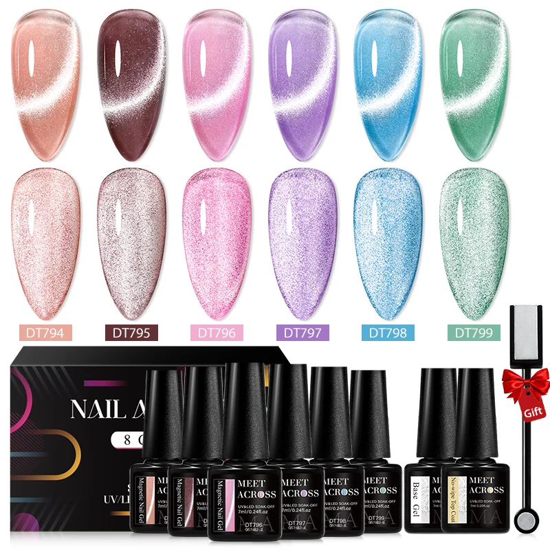 MEET ACROSS 8Pcs/Set 9D Rainbow Cat Magnetic Gel Nail Polish With Magnetic Stick And Box Soak Off Nail Art Gel Varnish Manicure