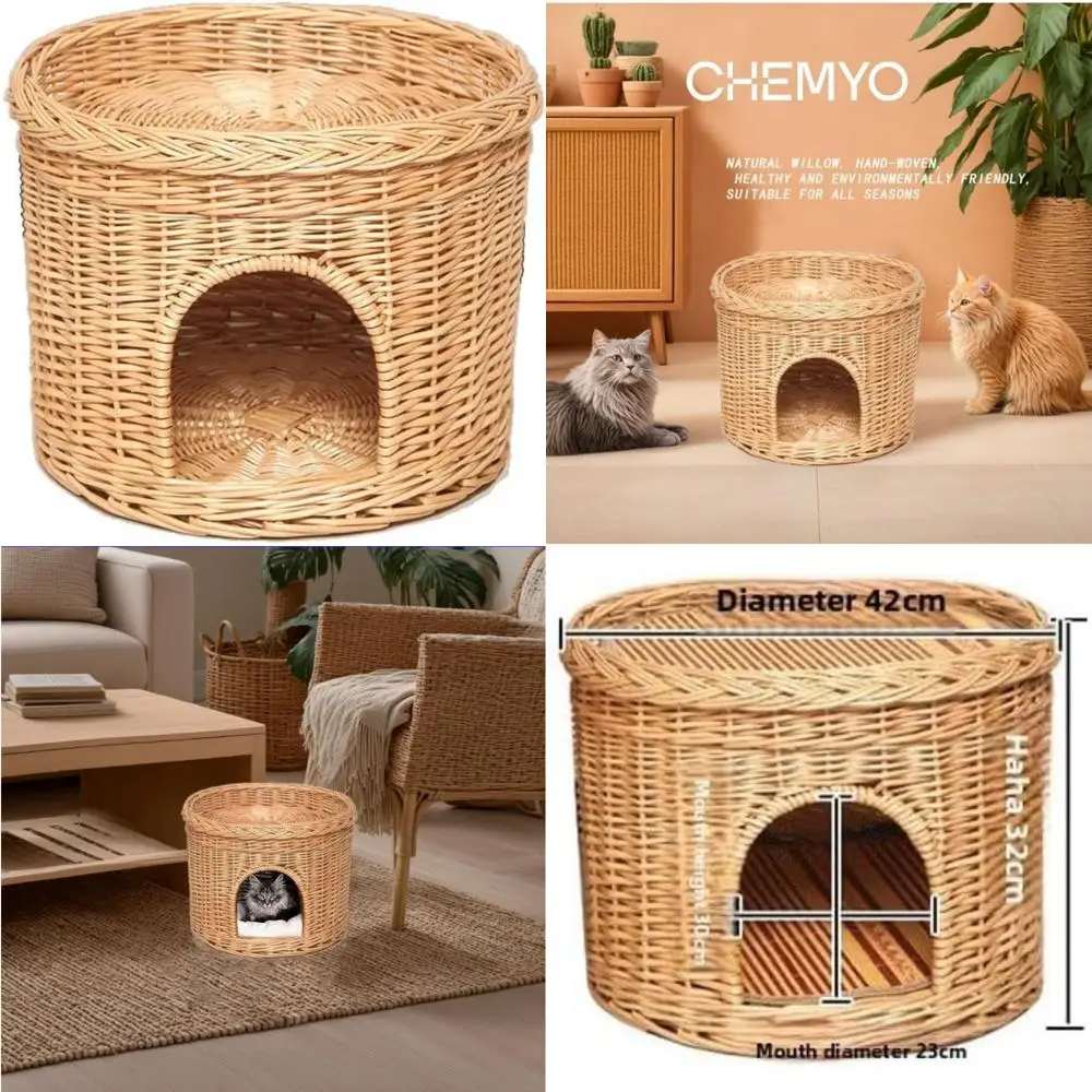 بيت قطط داخلي من الخيزران مكون من طابقين مع أسرة كهف مزدوجة لعيش مريح للحيوانات الأليفة