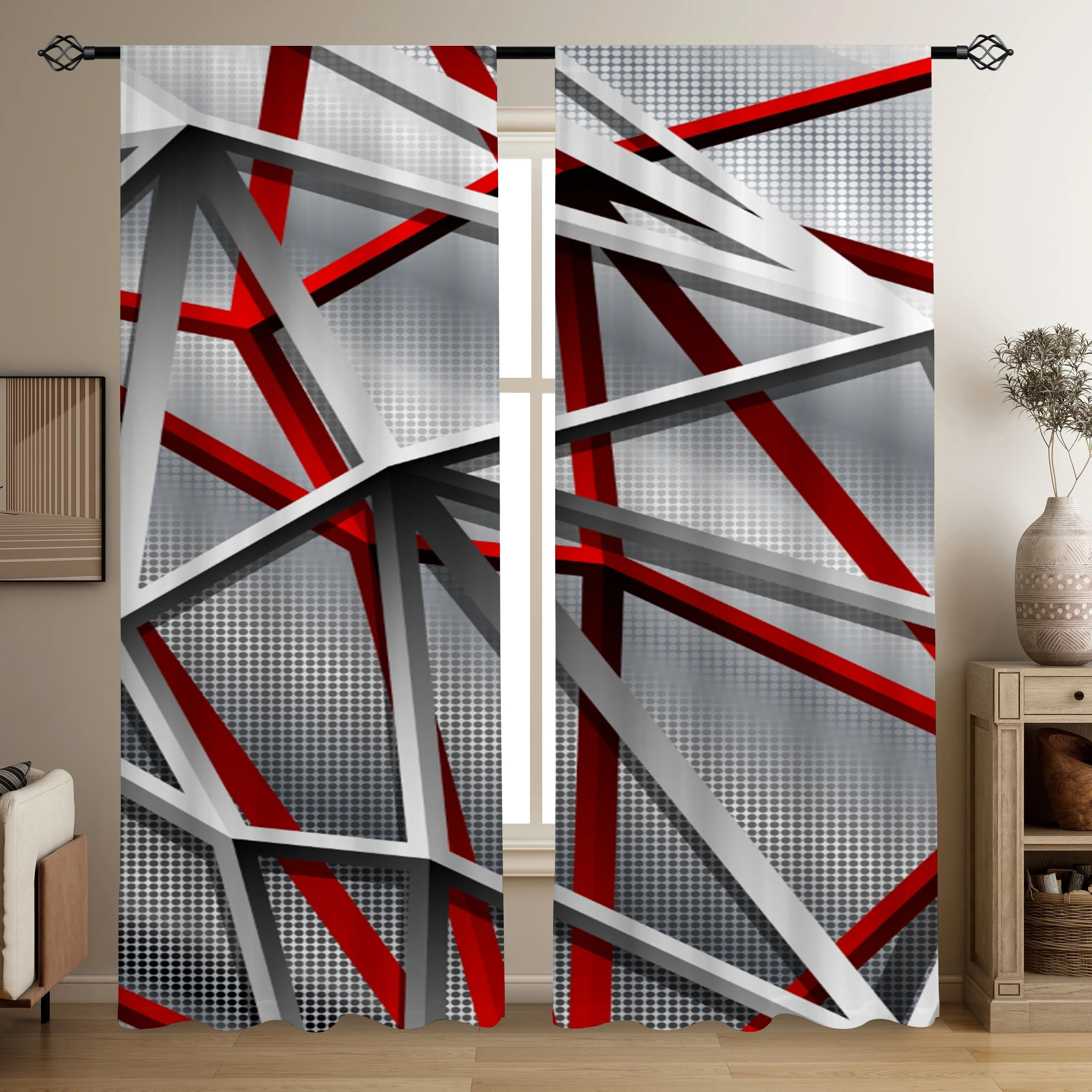 3D Abstract Geometric Curtain, Red Silver Metal Beam Print Drape, Modern Industrial Window Treatment for Living Room Home Decor