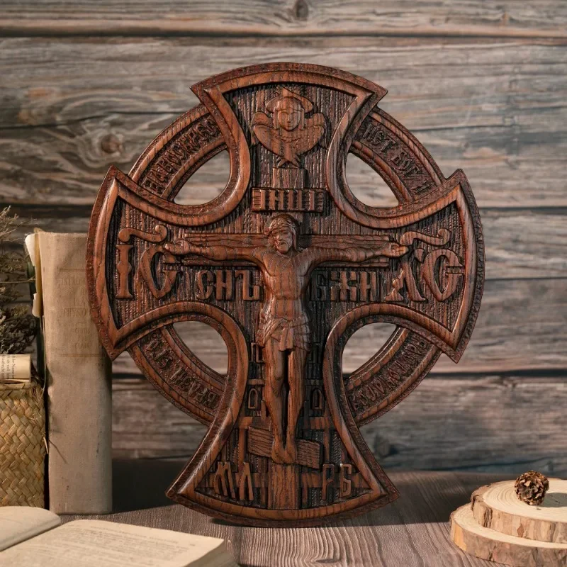 Vantage Jesus Christ Crucified Cross, Church Icon Religious Statue Wooden Carving Ornaments Christmas Gifts