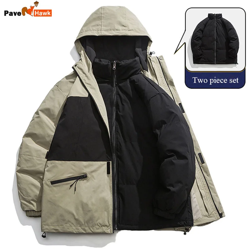 

Hooded Mens Two Piece Set Winter Coat Detachable Thick Jacket+Parka Streetwear Hip Hop Couple Windproof Waterproof Outwear Women