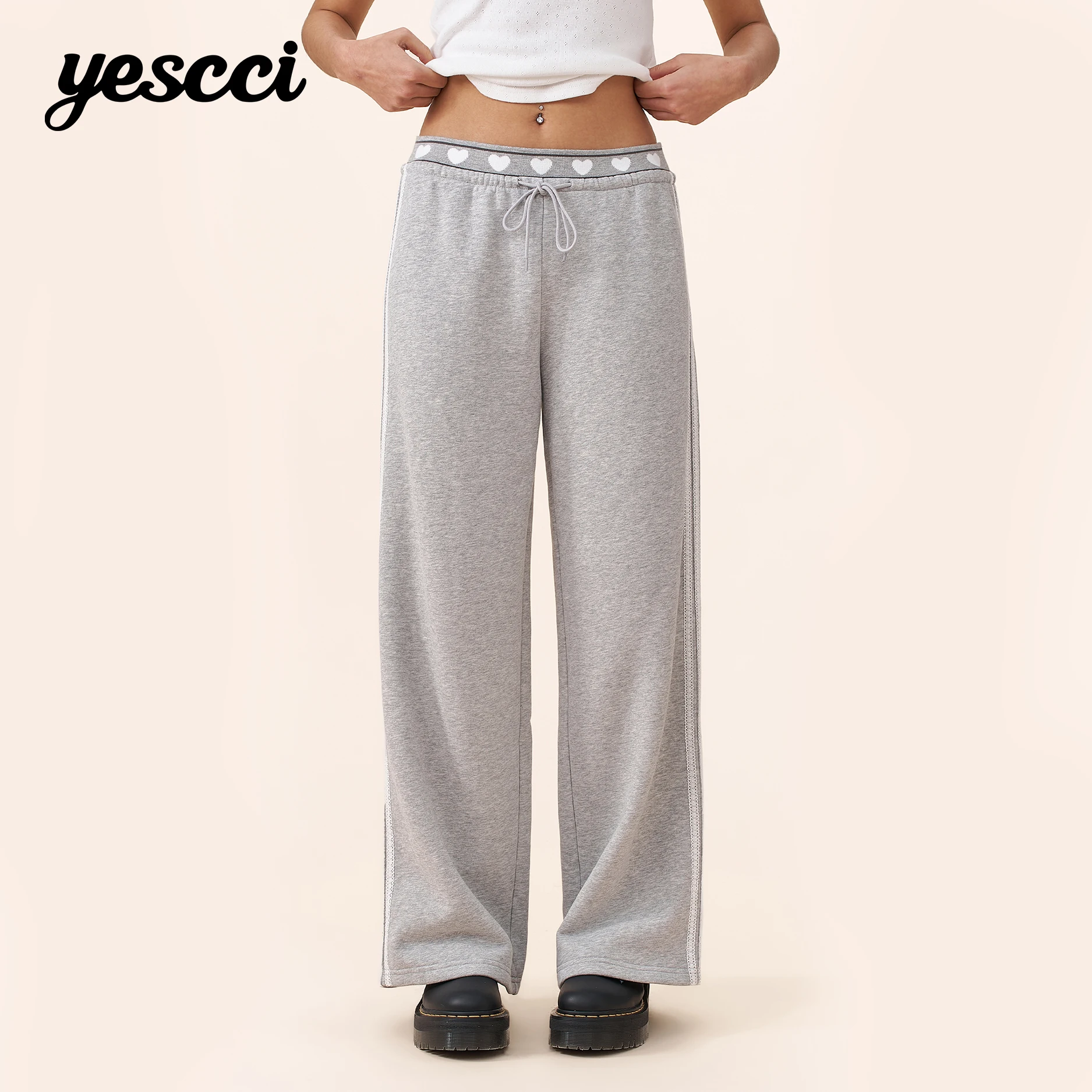 YESCCI Wide Leg Women Pants Breathable Cotton‑Blend Elastic Waist Thick Pants For Woman Autumn New Side‑Stripe Pants S56141049