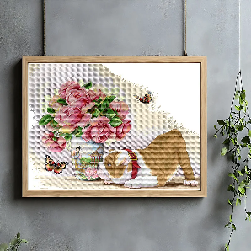 

Soulgift Stamped Pre-Printed Cross Stitch Kits, 9CT/11CT/14CT/16CT Fabric With DMC Threads, Easy To Follow - Pug With Butterfly