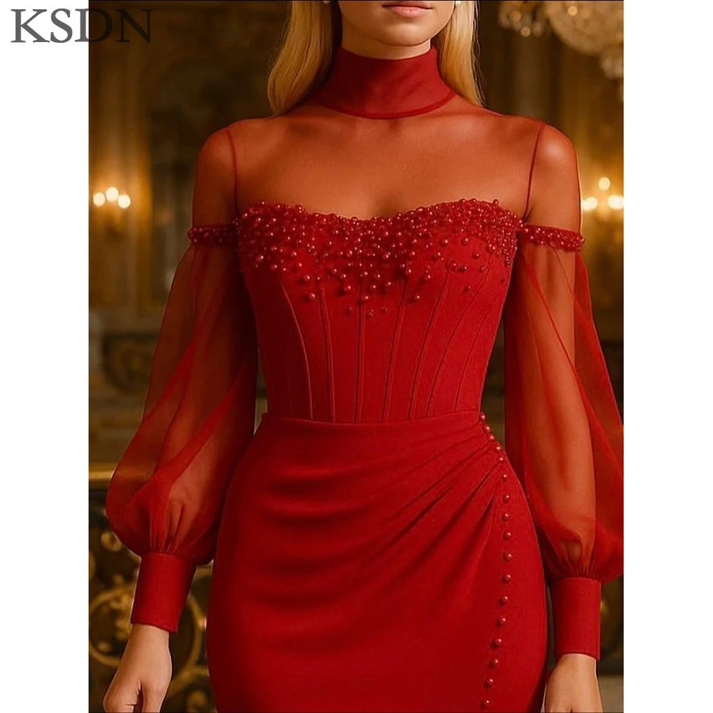 KSDN Изысканные красные вечерние платья Элегантные женские платья длиной до пола с длинными рукавами и бисером Иллюзионное шикарное платье для особых случаев