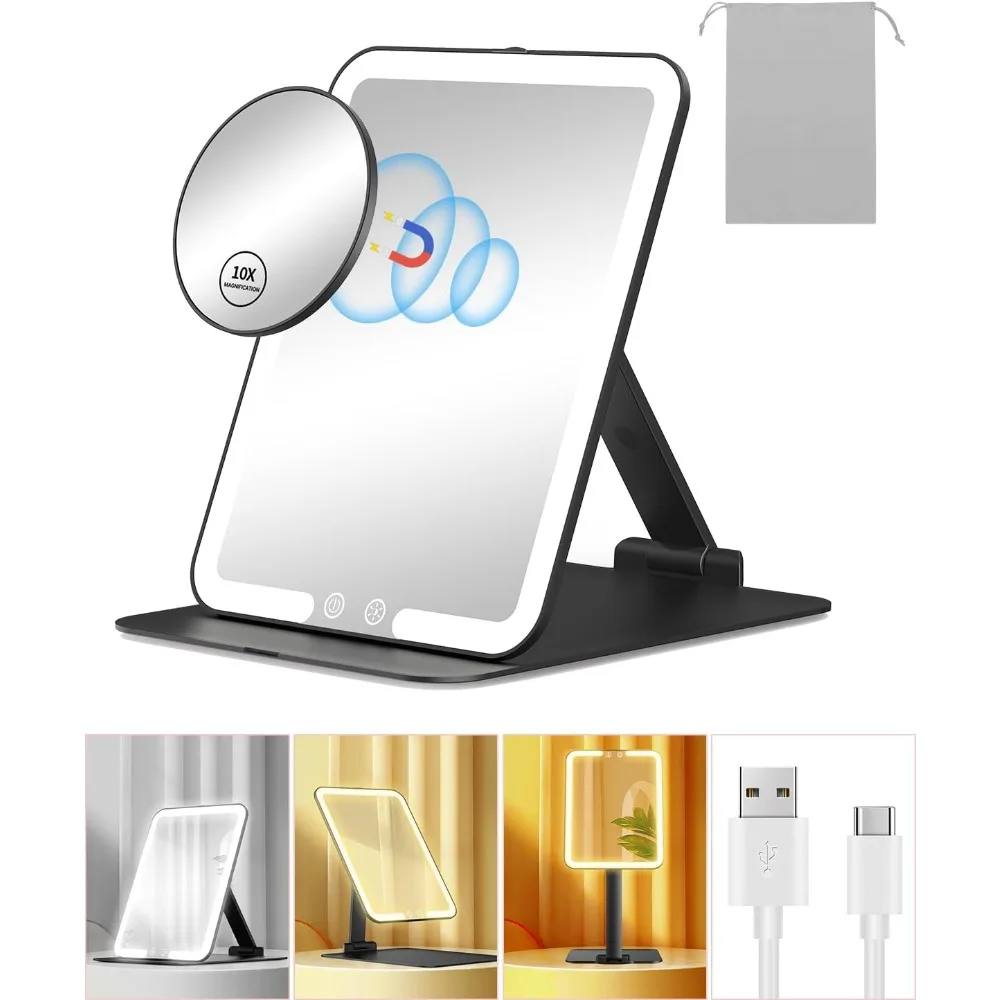 

Travel vanity mirror with light and 10x magnification, portable makeup compact tabletop with adjustable stand