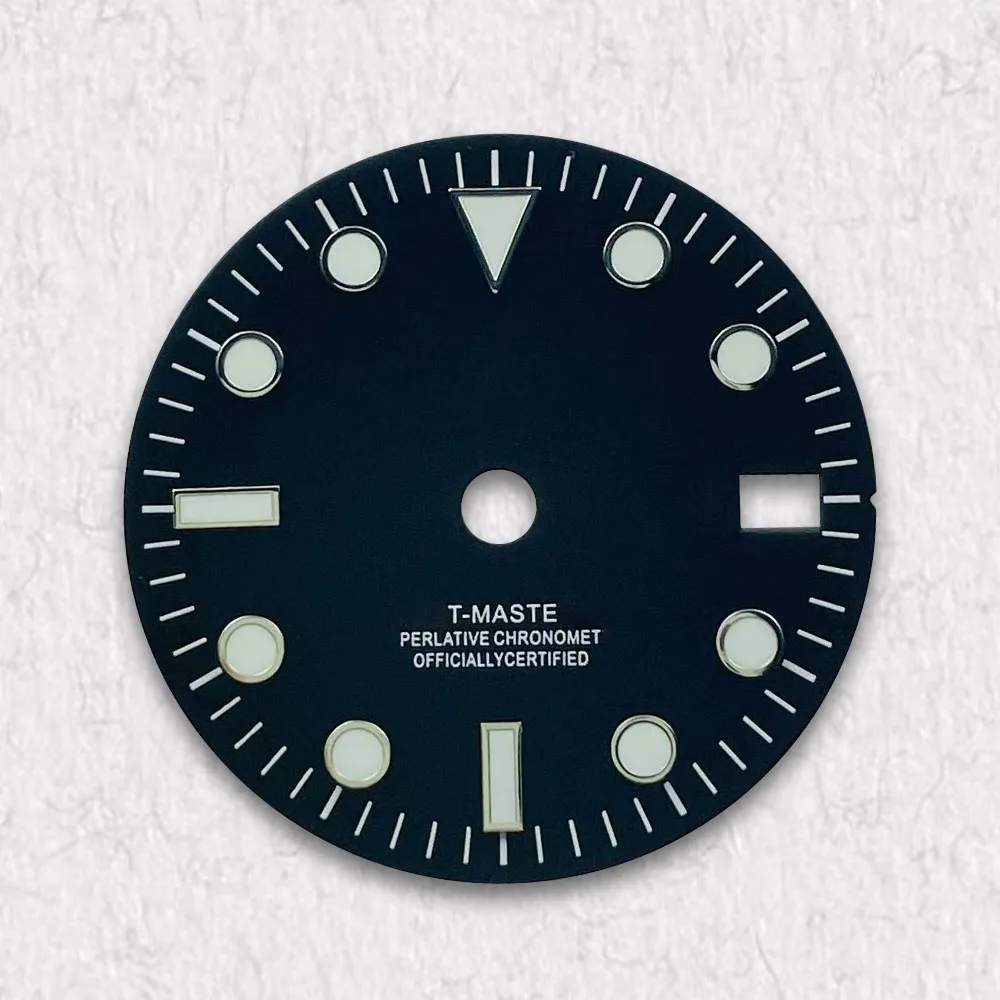 高品質 28.5 ミリメートル S ロゴサブダイブダイヤルフィット NH35/NH36/4R/7S ムーブメントグリーン発光ブラックエナメルダイヤル時計修正アクセス