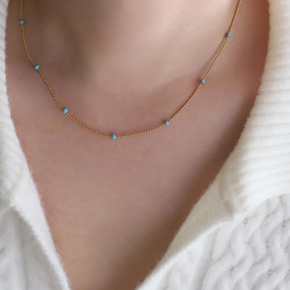 Trendy Blue Oil Droplet Chain Necklace for Women Gold Color Stainless Steel Waterproof Collar Neck Jewelry Gala Gift