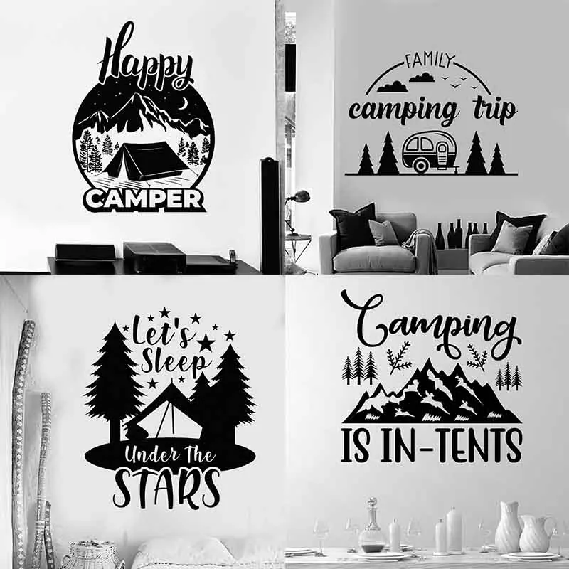 

Vinyl Wall Decal Forest Camp Decor Mountains Nature Tourism Travel Camping Tent Fir Trees Stickers Mural